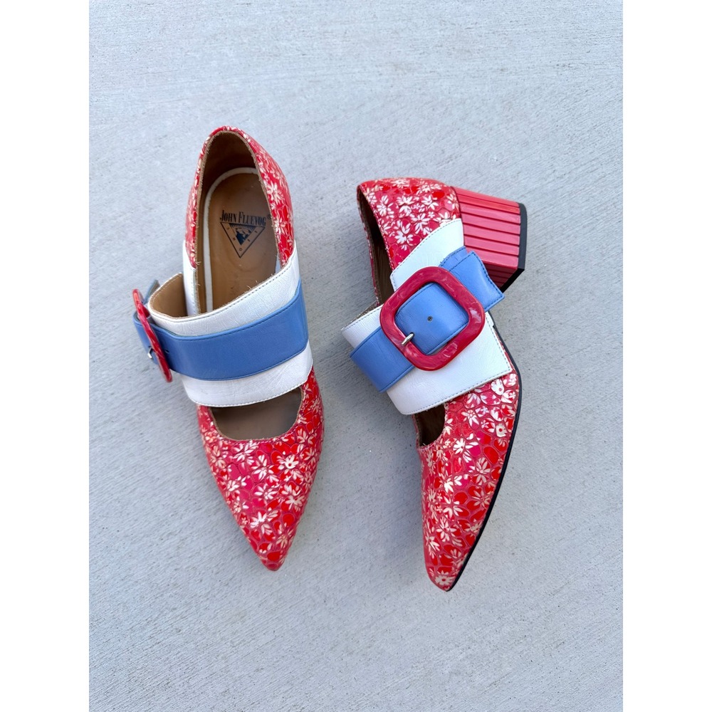 John Fluevog Effortless Felicity Floral Buckle Pumps Red White Block Heels 7.5 - Picture 4 of 9